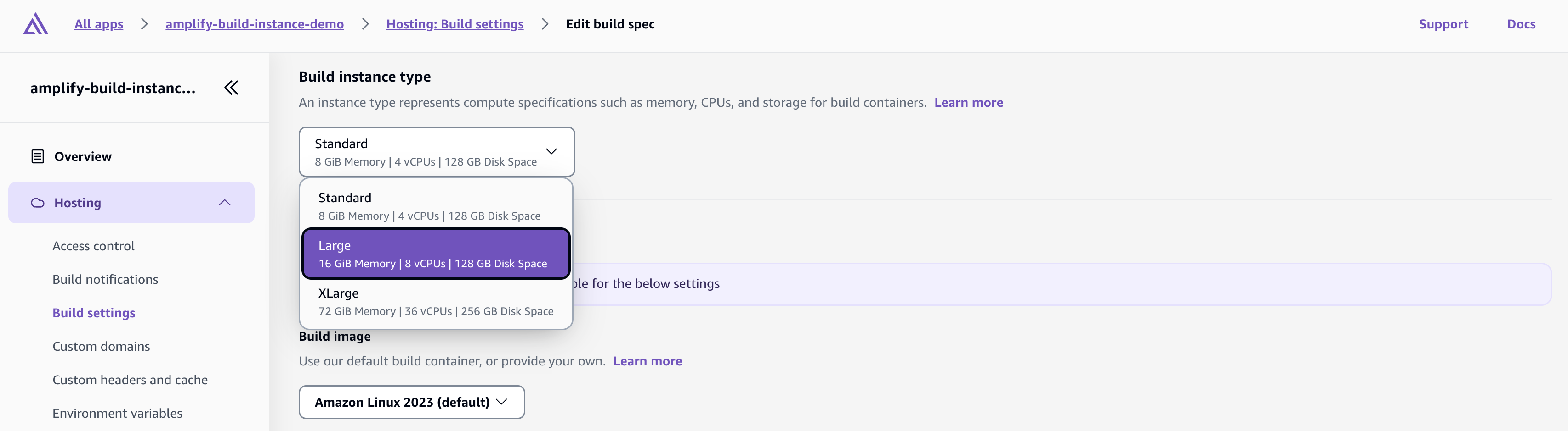 Screenshot of upgrading the instance to large using the dropdown in the amplify hosting console 
